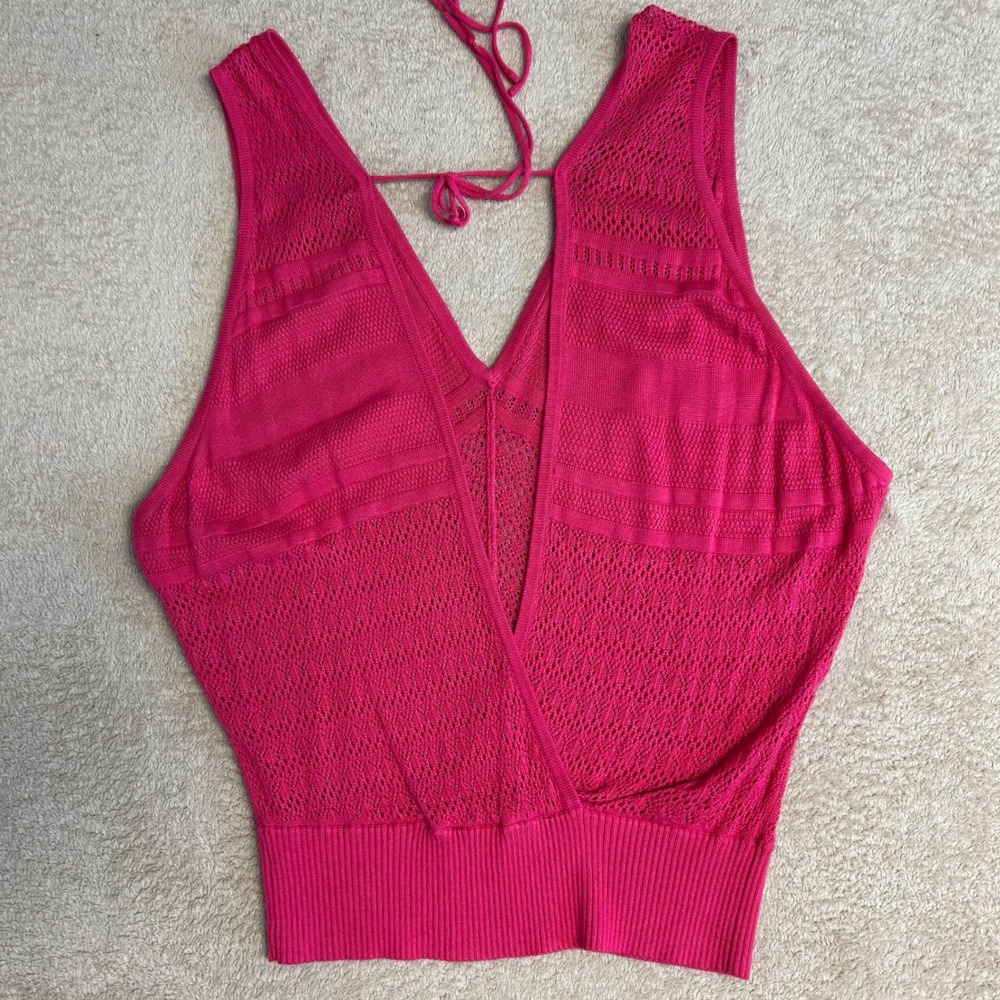 Do & Be Hot Pink Pointelle Knit V-Neck Wrap Back Tank Top Sleeveless Ribbed Hem - Picture 4 of 11